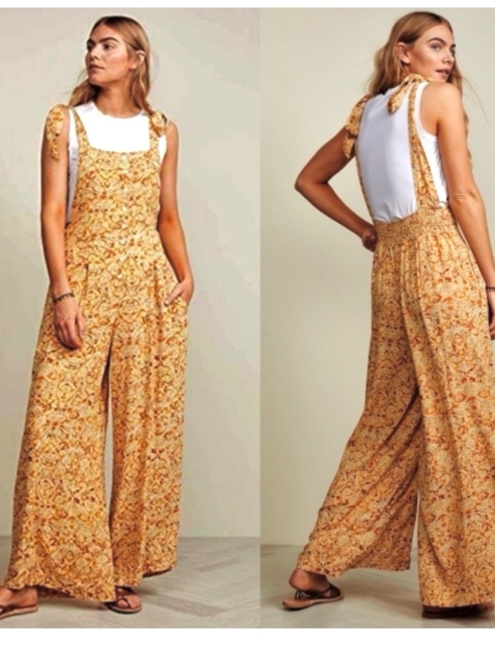 NWT Free People Sugar Sands Yellow Boho Print Wide Leg Jumpsuit